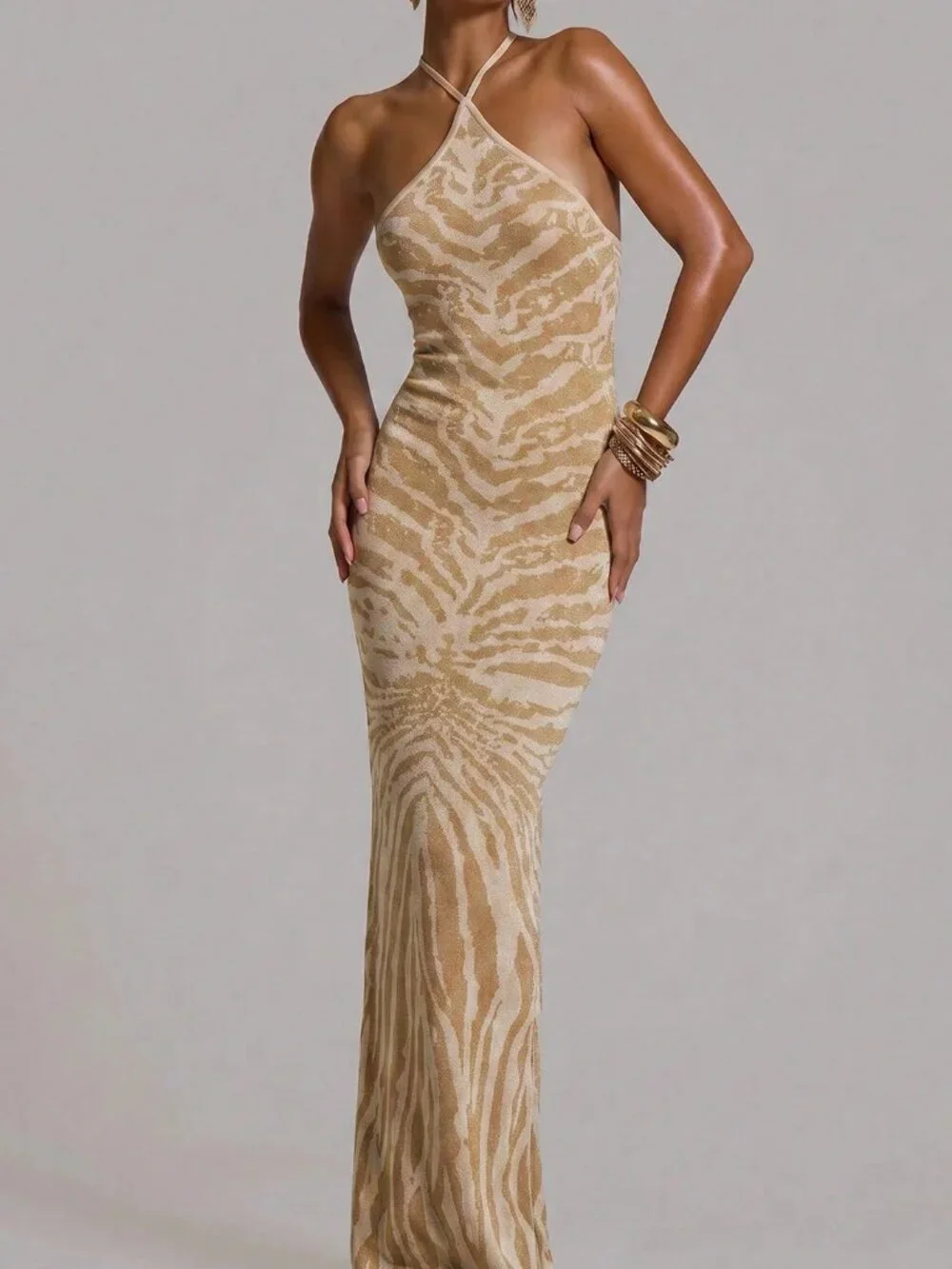 Brown Fitted Knit Halterneck Maxi Women's Dress